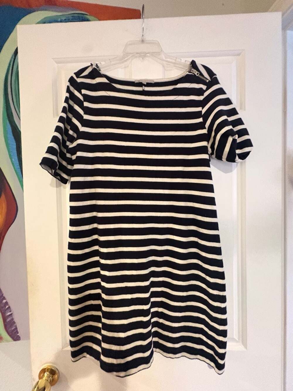 Gap Navy Blue and White Striped Short Sleeve Shift Dress with Shoulder Zip
